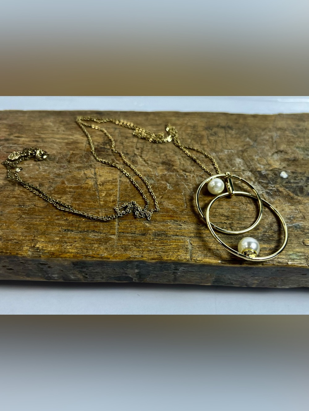 Gold Pearl Double Hoop Pendant Necklace - Picture 3 of 4